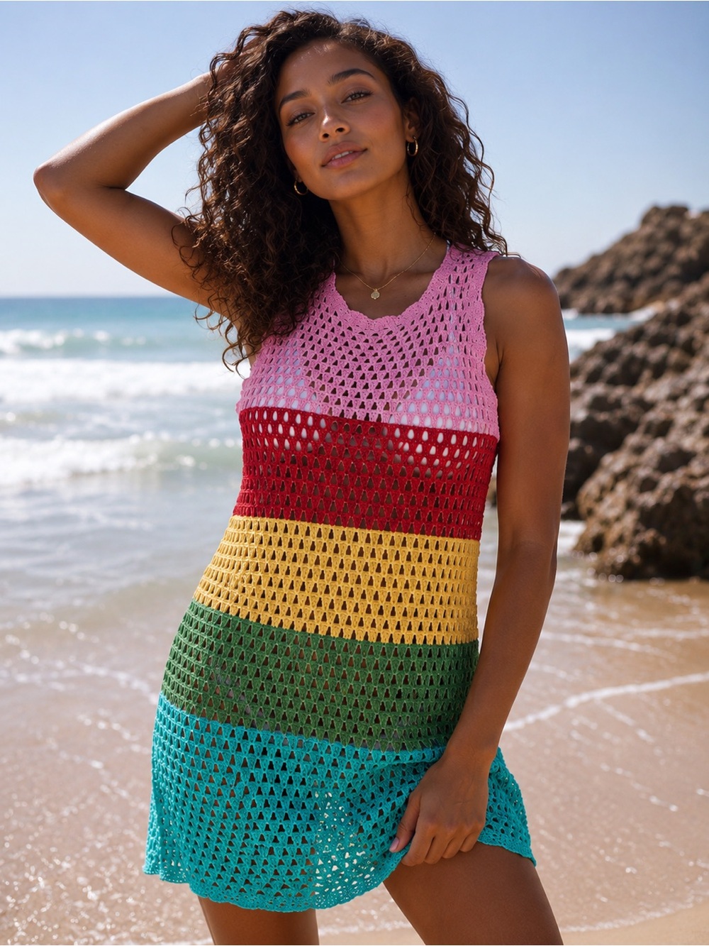 Colorful Crochet Beach Cover-Up Dress | Size Medium